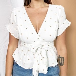 White Dotted Short-Sleeve Wrap Top